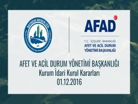 AFAD Kurum İdari Kurul Kararları 01.12.2016